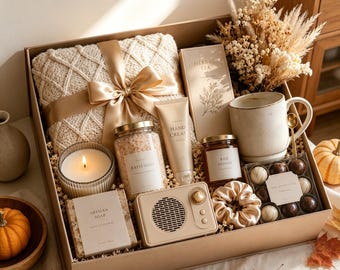 Cozy Fall Self Care Gift Box for Her, Autumn Pampering Gift Set with Blanket, Ceramic Mug & Scented Candle, Thoughtful Birthday