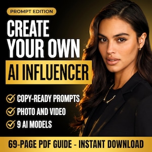 Puede incluir: Una guía en PDF de 69 páginas titulada Prompt Edition Create Your Own AI Influencer. La portada muestra a una persona de cabello oscuro largo con un blazer negro, con texto que enumera Copy-Ready Prompts, Photo and Video y 9 AI Models.