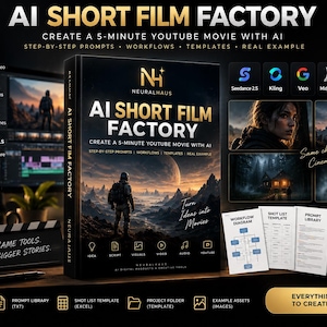May include: A black product box titled AI Short Film Factory featuring a landscape illustration of a person standing on a mountain overlooking a futuristic valley. The box includes text, icons, and supplementary documents labelled Workflow Diagram, Shot List Template, Prompt Library, and YouTube Optimization.