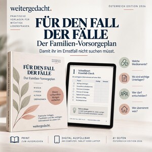 Peut inclure: Un livre blanc intitulé Für den Fall der Fälle Der Familien-Vorsorgeplan avec une illustration de feuilles et une tablette affichant une liste de contrôle. L'ensemble comprend une version imprimée et une version numérique pour l'édition Autriche 2026.