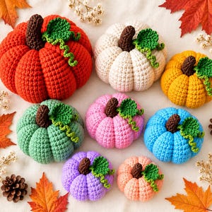 May include: A collection of eight crocheted pumpkins in various colours including red, white, yellow, green, pink, blue, purple, and peach. Each pumpkin features a dark brown stem and a small green leaf with a curly vine attached to the top.