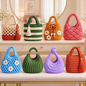 Paquete de patrones de bolsos de ganchillo en PDF, patrones de bolsos de mano y bolsos tote de ganchillo, descarga digital