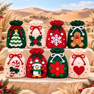 Può includere: Otto piccoli sacchetti all'uncinetto con coulisse e motivi natalizi tra cui un albero di Natale, agrifoglio, fiocco di neve, omino di pan di zenzero, bastoncino di zucchero, pinguino, stella di Natale e cuore, in filato rosso, verde, bianco e marrone.