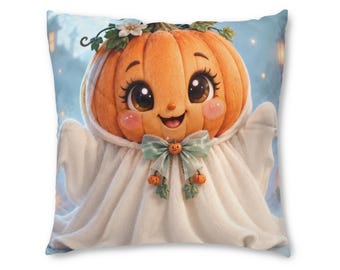 Cute Pumpkin Ghost Pillow Tufted Floor Pillow | Halloween Pumpkin Face Throw Pillow