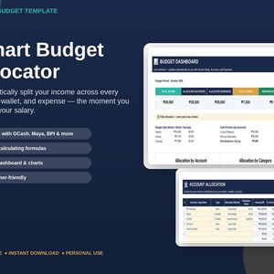 May include: An Excel budget template titled Smart Budget Allocator featuring a dark blue background with white text. It displays a budget dashboard and account allocation table with columns for income, expenses, savings, and account balances.