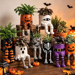 Maceta con forma de piernas sentadas para Halloween, maceta de resina espeluznante para suculentas, decoración de calabaza fantasma, lindo soporte gótico para plantas de interior, decoración para el hogar en otoño y fiestas.