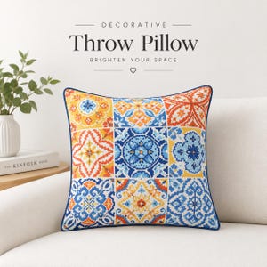 Colorful Mosaic Throw Pillow, Blue Orange Decorative Cushion, Mediterranean Tile Print Pillow, Boho Sofa Accent, Colorful Home Decor