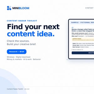 May include: A digital Content Radar Toolkit for Windows featuring the text Find your next content idea, a blue Research to Brief button, and a sample demonstration window displaying content strategy notes, hooks, and a Build this idea button.