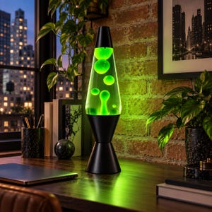 May include: A lava lamp featuring a clear glass vessel filled with bright green liquid and floating wax blobs. The lamp has a matte black metal base and a matching black conical cap at the top, creating a distinct contrast with the glowing green light.