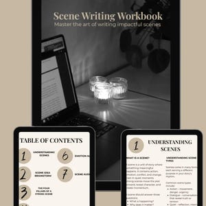 May include: A digital Scene Writing Workbook displayed on three screens. The main screen shows the title and a laptop with candles. The smaller screens show a Table of Contents with numbered chapters and a page titled Understanding Scenes.