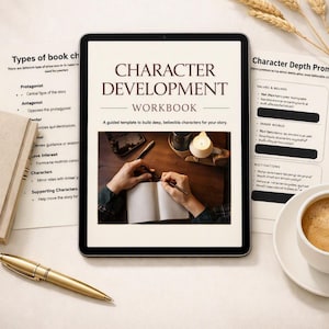 Peut inclure: Une tablette numérique affichant un cahier d'exercices de développement de personnages avec un fond crème et du texte brun foncé. L'écran montre des mains écrivant dans un carnet près d'une bougie. Autour se trouvent des feuilles de conseils d'écriture, un stylo doré et une tasse de café.