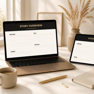 May include: A laptop and tablet displaying a story overview template with sections for premise, POV, setting, genre, themes, and tone. The devices are gold-toned and placed near a ceramic mug, a gold pen, a paper clip, and a closed notebook.