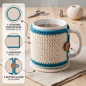 Può includere: Una tazza in ceramica bianca con una copertura all'uncinetto color crema, bordo verde acqua e chiusura con bottone in legno marrone. L'immagine include tre diagrammi circolari etichettati 1. Attached Coaster Base, 2. Main Body e 3. Button & Loop.