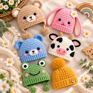Crochet Animal Hat Pattern Bundle, Toddler Crochet Hats, Floppy Bunny, Bear, Cow & Frog Hats, 6 PDF Patterns