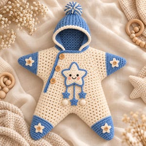 May include: A star-shaped crochet bunting with a hood and pom-pom. The garment is cream and blue with three wooden buttons, featuring a central smiling star applique with dangling star accents and four small star appliques on the points.