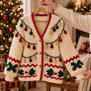 Könnte beinhalten: Eine cremefarbene Häkelstrickjacke mit V-Ausschnitt, drei braunen Knöpfen und langen Ärmeln. Die Vorderseite ist mit grünen Garn-Girlanden, kleinen roten Pompons und goldenen Glöckchen verziert. Die Bündchen und der Saum zeigen rote und grüne Stechpalmenmotive.