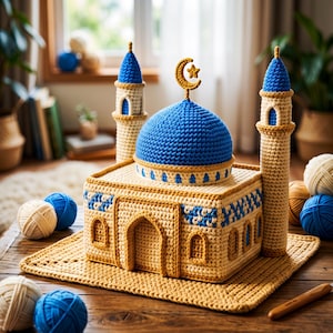 Könnte beinhalten: Ein gehäkeltes Moschee-Modell mit einer großen blauen Zentralkuppel, die von einem goldenen Halbmond mit Stern gekrönt wird, flankiert von zwei hohen Minaretten mit blauen Kegeldächern. Die Struktur ist beige mit blauen Akzenten auf einer quadratischen Basis.