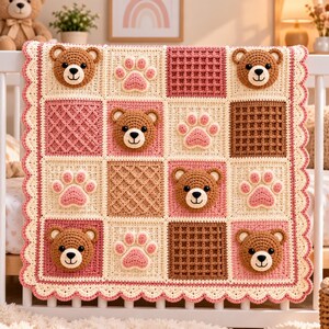 Patrón de ganchillo para manta de osito de peluche con cuadrados de la abuela, manta para bebé, cuadrados con huellas de patas, manta infantil de patchwork en PDF