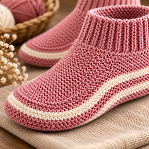 May include: A pair of knitted ankle slippers in a dusty rose color featuring a ribbed cuff and a single horizontal cream-colored stripe running across the forefoot. The slippers are crafted with a textured garter stitch pattern throughout the design.