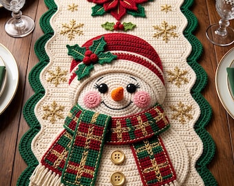May include: A cream-colored crochet table runner featuring a central snowman with a red hat, green holly, and a plaid scarf. The runner is decorated with gold embroidered snowflakes and a red poinsettia, finished with a scalloped green border.