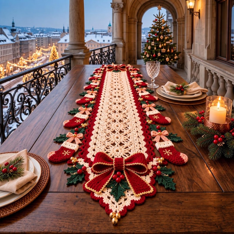 Christmas Crochet Table Runner Pattern, Snowflake Holly Runner Crochet ...