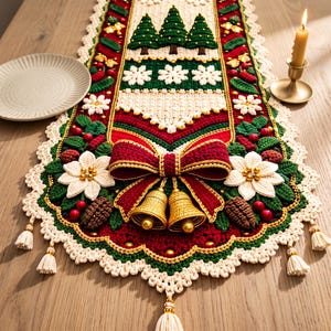Puede incluir: Un camino de mesa rectangular de ganchillo con un diseño navideño festivo en hilo rojo, verde y blanco. El camino muestra tres pinos verdes, copos de nieve blancos, flores de pascua, piñas, un gran lazo rojo y campanas doradas.