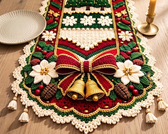May include: A rectangular crochet table runner featuring a festive Christmas design with red, green, and white yarn. The runner displays three green pine trees, white snowflakes, poinsettia flowers, pinecones, a large red bow, and gold bells.