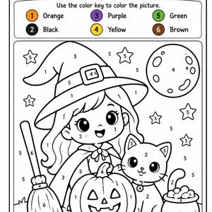 Pode incluir: Uma folha de atividades de Halloween de colorir por números com uma bruxa, um gato, uma abóbora e um caldeirão. A página inclui uma chave de cores com os números de um a seis correspondentes a laranja, preto, roxo, amarelo, verde e castanho.