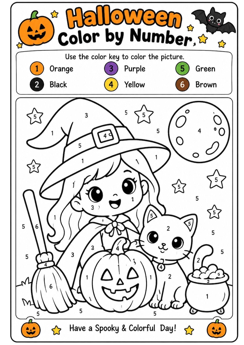 Halloween-Malen nach Zahlen für Kinder | 10 Seiten zum Ausdrucken