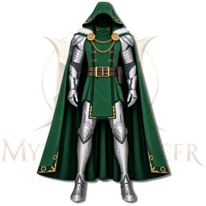 May include: A full-body costume featuring a dark green hooded cloak with gold trim, a green tunic with a brown belt, and silver-coloured metallic armour pieces covering the arms and legs. The ensemble includes a gold chain across the chest.