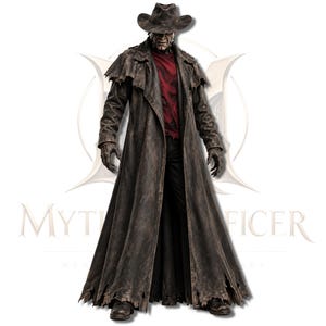Op de afbeelding: Een figuur in een versleten bruine dusterjas, een donkerbruine cowboyhoed, een rood shirt en een zwarte broek. De jas heeft een gerafelde zoom en een cape-ontwerp op de schouders. Het figuur heeft een getextureerde huid en draagt donkere handschoenen en laarzen.