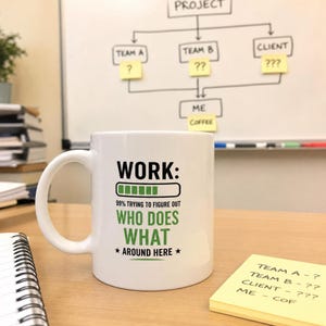 May include: A white ceramic mug featuring black and green text that reads: WORK: 99% TRYING TO FIGURE OUT WHO DOES WHAT AROUND HERE, accompanied by a green loading bar graphic. The mug has a curved handle and is positioned on a wooden desk surface.