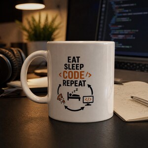 Peut inclure: Un mug en céramique blanc avec le texte noir et orange EAT SLEEP CODE REPEAT. Sous le texte, trois icônes sont disposées en cycle : une part de pizza, une personne dormant dans un lit avec des symboles zzz, et un écran d'ordinateur avec du code.