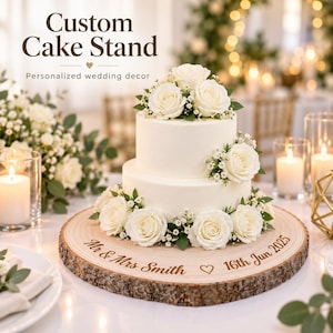 May include: A round wooden cake stand with natural bark edges, engraved with the text 'Mr & Mrs Smith' and '16th Jun 2025' separated by a heart symbol. A two-tier white cake decorated with white roses and baby's breath sits on the stand.