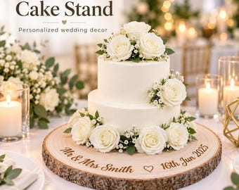 Personalized Engraved Wood Slice Wedding Cake Stand, Rustic Cake Display Board