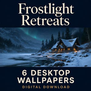 Winter Fantasy Desktop Wallpapers, 6 Cozy Snowy Retreats and Aurora Landscapes | Frostlight Retreats Digital Download