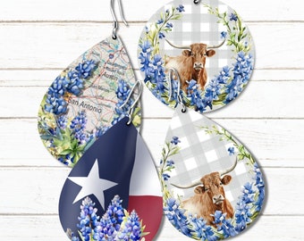 Bluebonnet Earrings: Texas Longhorn Ornament, Coaster PNG (Digital Download)