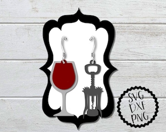Wine Glass & Corkscrew Earrings: SVG, DXF, PNG Cut Files