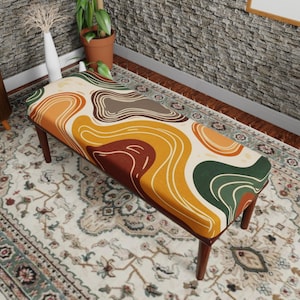 Bohemian Kilim Ottoman Bench, Rustic Woven Rug Footstool, Traditional End of Bed Bench, Wood Leg Accent Stool, Vintage Home