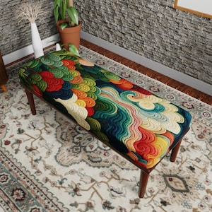 Handcrafted Upholstered Ottoman, Turkish Kilim Bench Seat, Bohemian Bedroom Footrest, Decorative Entryway Furniture, Unique Accent Seating