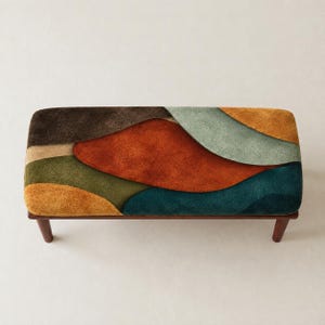 Puede incluir: Un banco rectangular con una superficie acolchada multicolor que presenta un patrón abstracto de formas orgánicas superpuestas en tonos marrón oscuro, naranja quemado, verde salvia, amarillo mostaza y verde azulado, sobre cuatro patas de madera.