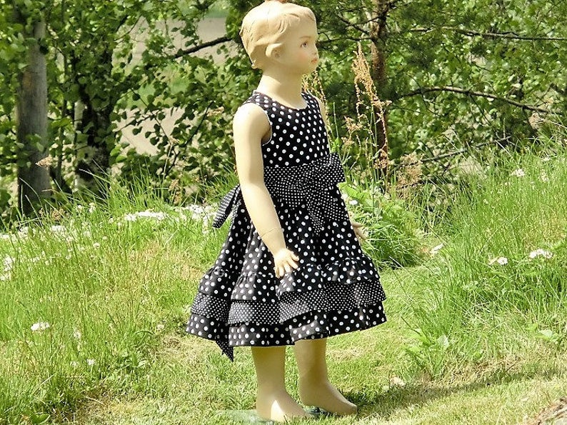 Toddler girls ruffle dress Black and white twirly girls dress Black polka dot flower girl dress Girls wedding party dress.
