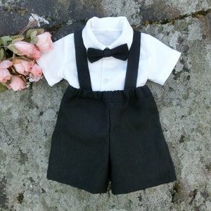 Black suspender outfit baby boy, wedding linen shorts outfit, Baby formal wear, Boys first birthday outfit.