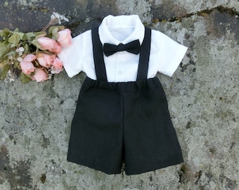 Black Linen Baby Boy Outfit, Suspenders, Bow Tie, Ring Bearer