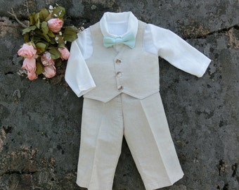Ring bearer outfit, Baby natural linen suit, Baby boy wedding outfit, Baby baptism outfit, Fall christening outfit, Winter blessing suit.