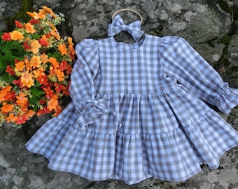 Checkered dress, Baby long sleeve dress, Country blessing dress, Grey and white boho dress, Baby girls fall gingham dress and headband.