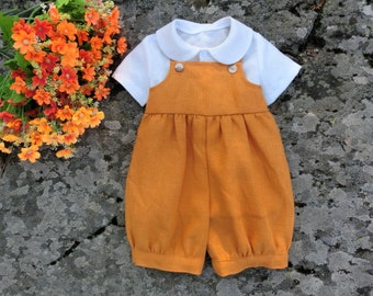 Mustard baby linen romper, Thanksgiving outfit, Baby boy linen playsuit, Boys smash cake outfit, Baby shower gift. Namegiving romper.