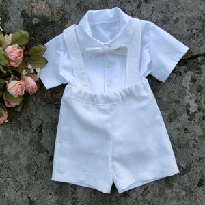 Boy baptism outfit, white linen suspender shorts, Baby christening outfit, Toddler boy baptism outfit Baby ring bearer suit image 1