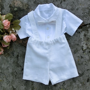 Boy baptism outfit, white linen suspender shorts, Baby christening outfit, Toddler boy baptism outfit  Baby ring bearer suit