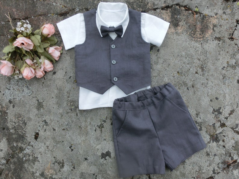 Charcoal Ring Bearer Outfit Boys Linen Shorts and Vest Set Etsy